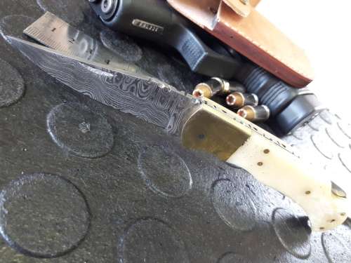 Handmade DAMASCUS  Folding Knife. Please study pictures for detail. Crazy R1 start, No reserve.