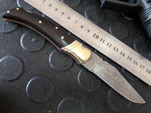 Handmade DAMASCUS  Folding Knife with Bull Horn handle scales. Crazy R1 start, No reserve.