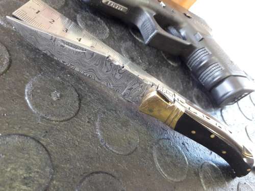 Handmade DAMASCUS  Folding Knife with Bull Horn handle scales. Crazy R1 start, No reserve.