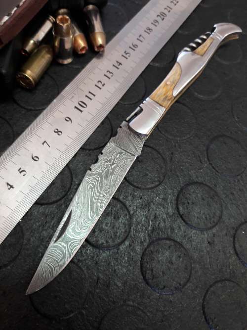 Handmade DAMASCUS  Folding Knife. Please study pictures for detail. Crazy R1 start, No reserve.