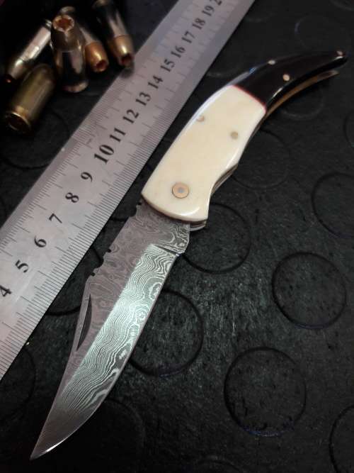 Handmade DAMASCUS  Folding Knife. Please study pictures for detail. Crazy R1 start, No reserve.