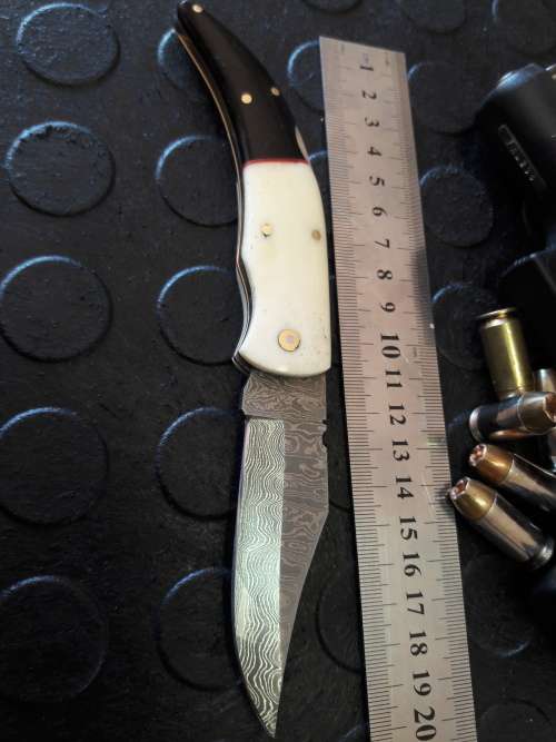 Handmade DAMASCUS  Folding Knife. Please study pictures for detail. Crazy R1 start, No reserve.
