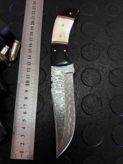 Handmade DAMASCUS Steel Knife, Camel Bone and Bull horn handle scales. Crazy R1 start, No reserve.