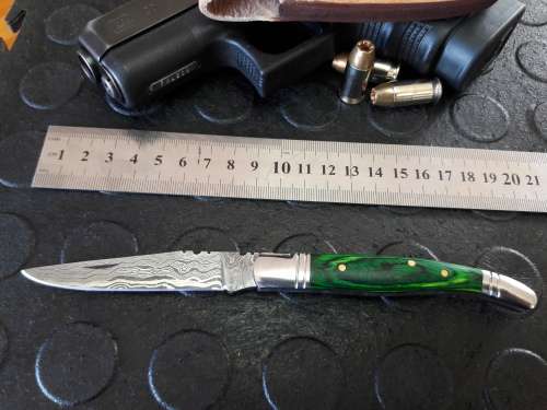 Handmade DAMASCUS  Folding Knife with wooden handle scales, Crazy R1 start, No reserve.