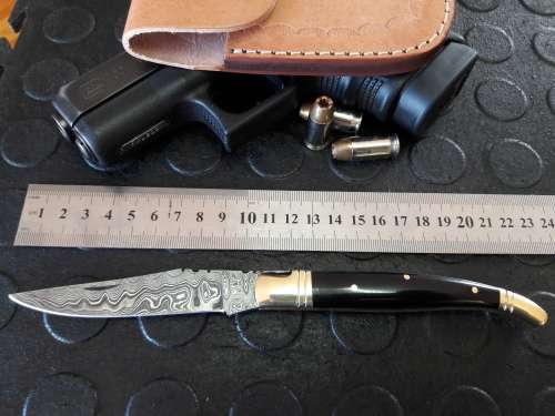 Handmade DAMASCUS  Folding Knife with Bull Horn handle scales. Crazy R1 start, No reserve.