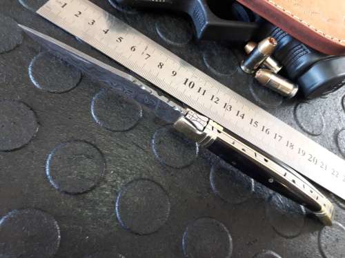 Handmade DAMASCUS  Folding Knife with Bull Horn handle scales. Crazy R1 start, No reserve.