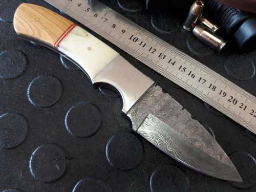 Handmade DAMASCUS Steel Knife, Camel Bone and wooden handle scales. Crazy R1 start, No reserve.