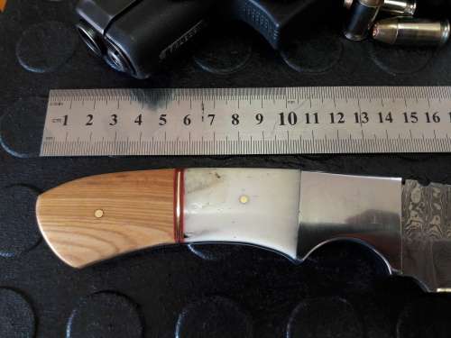 Handmade DAMASCUS Steel Knife, Camel Bone and wooden handle scales. Crazy R1 start, No reserve.