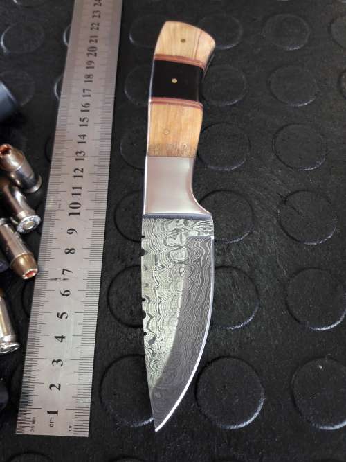 Handmade DAMASCUS Steel Knife, Bull Horn and wooden handle scales. Crazy R1 start, No reserve.
