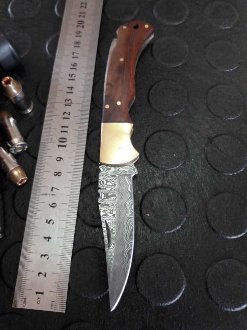 Handmade DAMASCUS  Folding Knife with wooden handle scales, Crazy R1 start, No reserve.