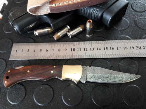 Handmade DAMASCUS  Folding Knife with wooden handle scales, Crazy R1 start, No reserve.