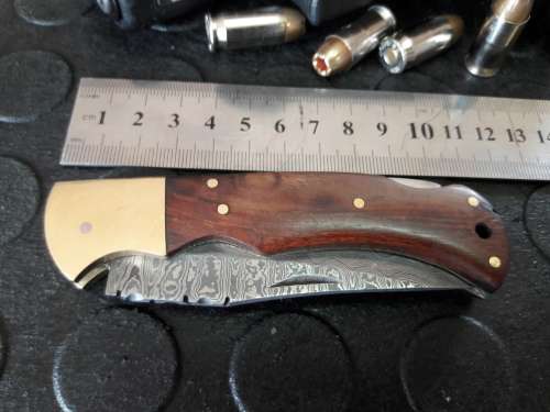Handmade DAMASCUS  Folding Knife with wooden handle scales, Crazy R1 start, No reserve.