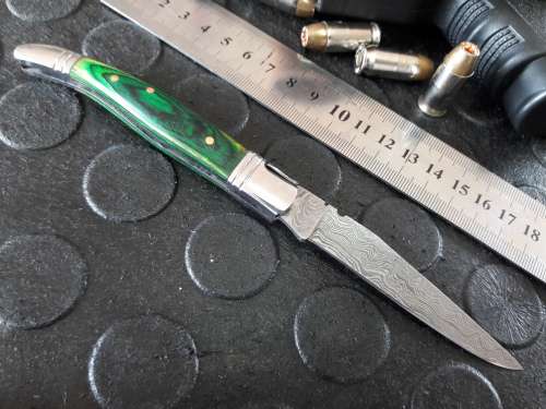 Handmade DAMASCUS  Folding Knife with wooden handle scales, Crazy R1 start, No reserve.