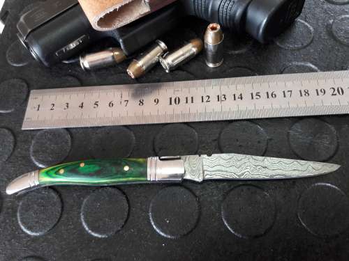 Handmade DAMASCUS  Folding Knife with wooden handle scales, Crazy R1 start, No reserve.