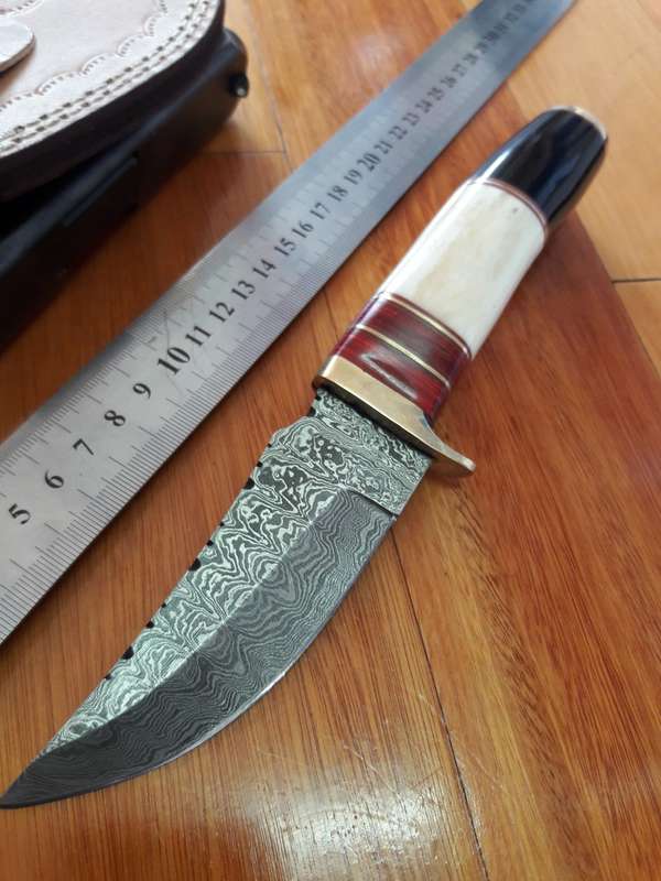 Handmade DAMASCUS Steel Knife, Camel Bone and Bull horn handle scales. Crazy R1 start, No reserve.