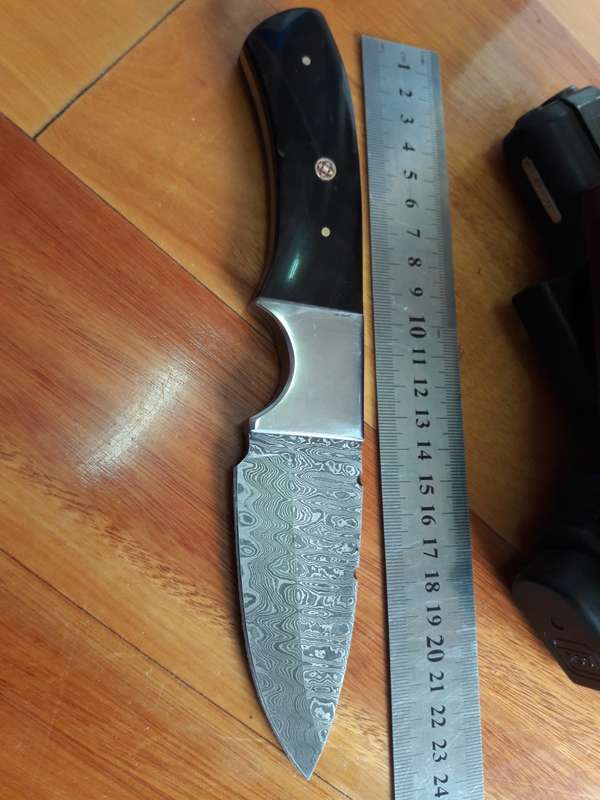 Handmade DAMASCUS Steel Knife with Bull horn handle scales. Crazy R1 start, No reserve.