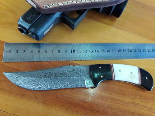 Handmade DAMASCUS Steel Knife, Camel Bone and Bull horn handle scales. Crazy R1 start, No reserve.