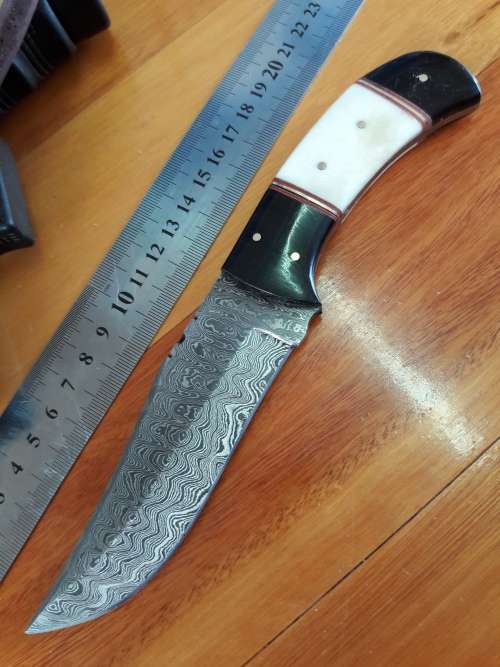 Handmade DAMASCUS Steel Knife, Camel Bone and Bull horn handle scales. Crazy R1 start, No reserve.