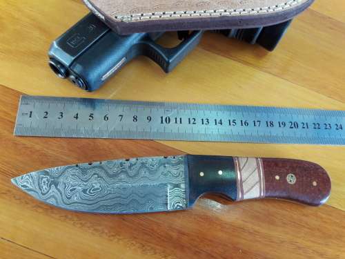Handmade DAMASCUS Steel Knife, Micarta and wooden handle scales. Crazy R1 start, No reserve.