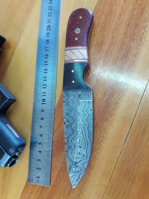 Handmade DAMASCUS Steel Knife, Micarta and wooden handle scales. Crazy R1 start, No reserve.