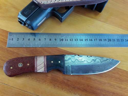 Handmade DAMASCUS Steel Knife, Micarta and wooden handle scales. Crazy R1 start, No reserve.
