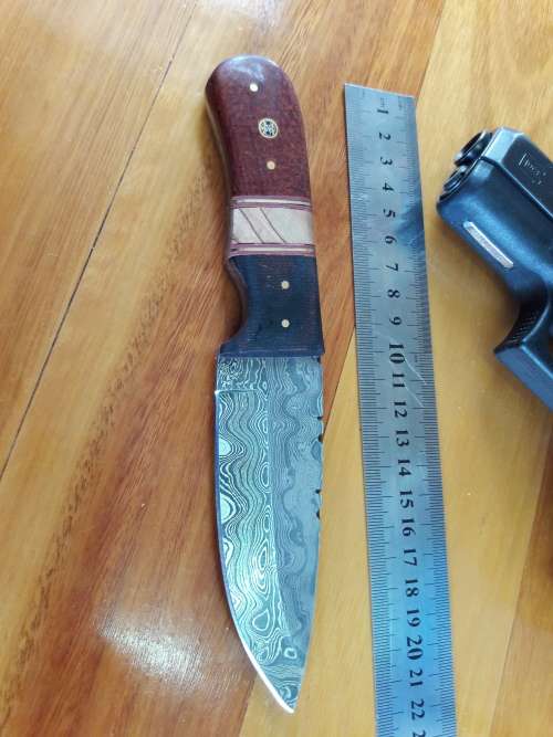 Handmade DAMASCUS Steel Knife, Micarta and wooden handle scales. Crazy R1 start, No reserve.