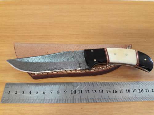 Handmade DAMASCUS Steel Knife, Camel Bone and Bull horn handle scales. Crazy R1 start, No reserve.