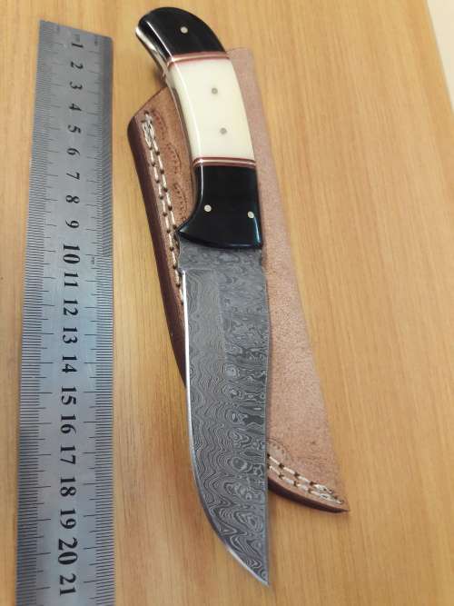 Handmade DAMASCUS Steel Knife, Camel Bone and Bull horn handle scales. Crazy R1 start, No reserve.