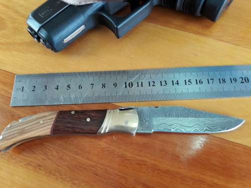 Handmade DAMASCUS  Folding Knife with wooden handle scales, Crazy R1 start, No reserve.