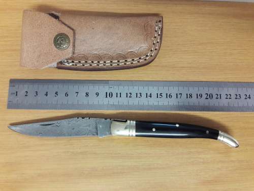 Handmade DAMASCUS  Folding Knife with BULL HORN handle scales, Crazy R1 start, No reserve.