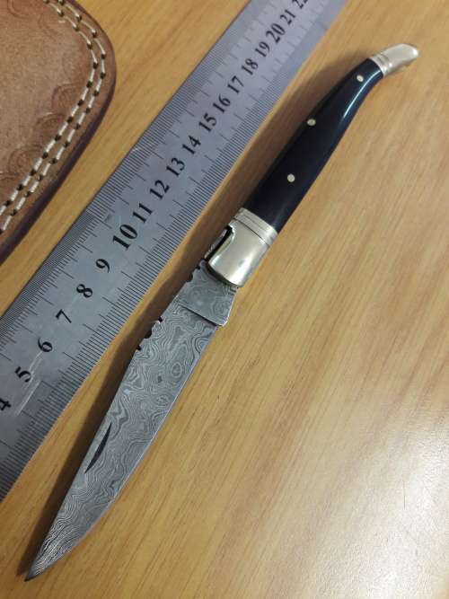 Handmade DAMASCUS  Folding Knife with BULL HORN handle scales, Crazy R1 start, No reserve.