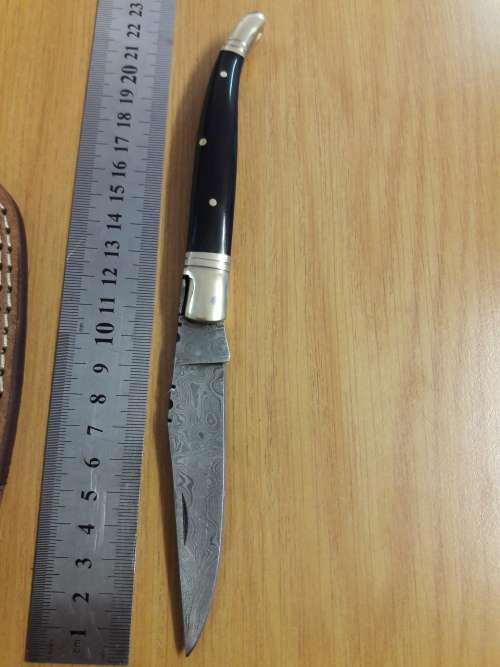 Handmade DAMASCUS  Folding Knife with BULL HORN handle scales, Crazy R1 start, No reserve.