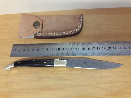 Handmade DAMASCUS  Folding Knife with BULL HORN handle scales, Crazy R1 start, No reserve.