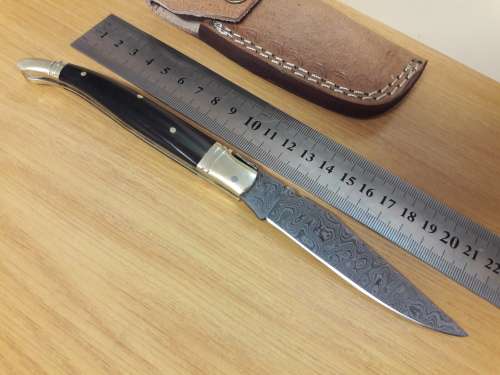 Handmade DAMASCUS  Folding Knife with BULL HORN handle scales, Crazy R1 start, No reserve.