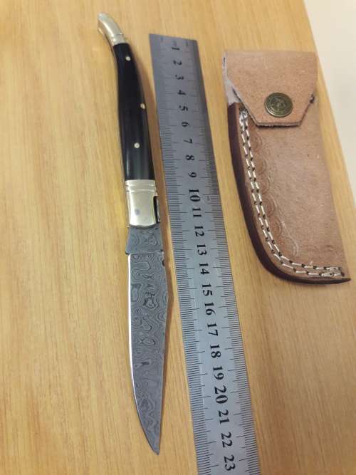 Handmade DAMASCUS  Folding Knife with BULL HORN handle scales, Crazy R1 start, No reserve.