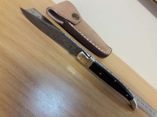 Handmade DAMASCUS  Folding Knife with BULL HORN handle scales, Crazy R1 start, No reserve.