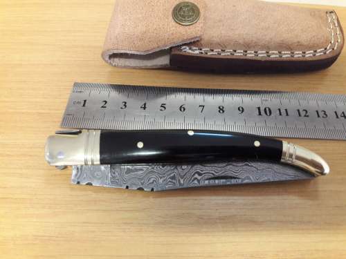 Handmade DAMASCUS  Folding Knife with BULL HORN handle scales, Crazy R1 start, No reserve.