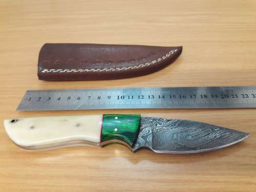 Handmade DAMASCUS Steel Knife, Camel Bone and wooden handle scales.