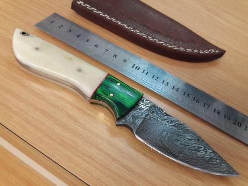Handmade DAMASCUS Steel Knife, Camel Bone and wooden handle scales.