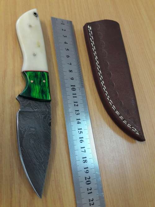 Handmade DAMASCUS Steel Knife, Camel Bone and wooden handle scales.