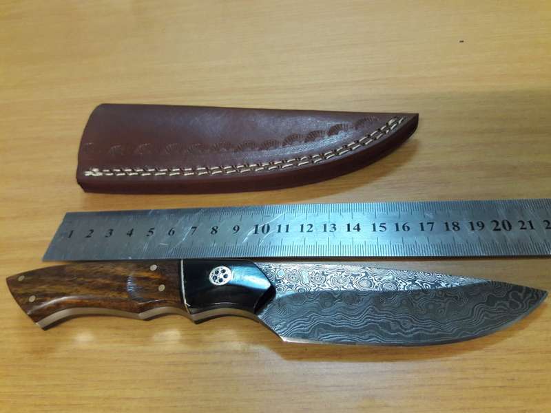 Handmade DAMASCUS Steel Knife, Bull Horn and Wooden handle. BRAND NEW DESIGN!!!