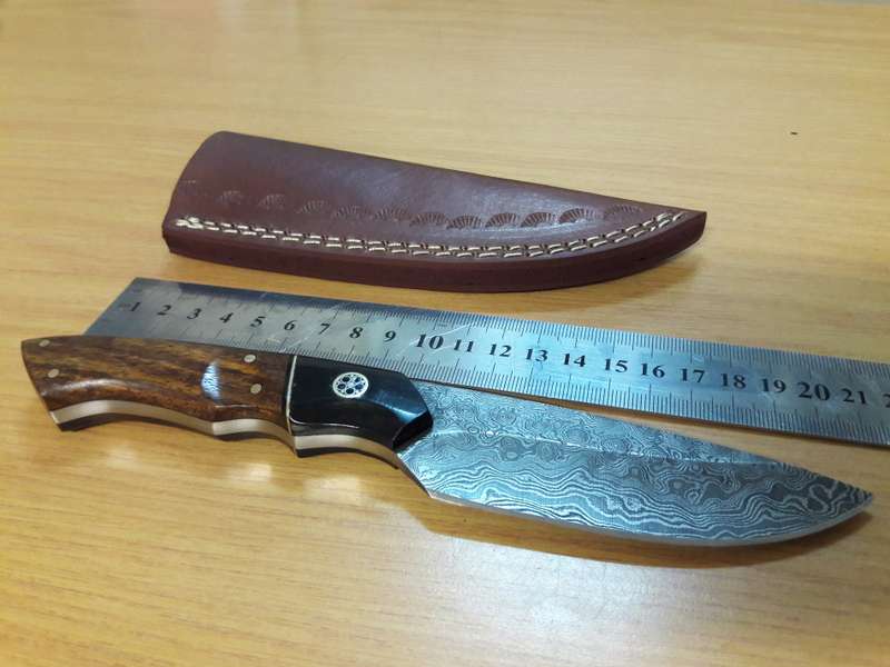 Handmade DAMASCUS Steel Knife, Bull Horn and Wooden handle. BRAND NEW DESIGN!!!