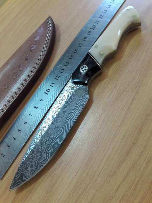 Handmade DAMASCUS Steel Knife, Bull horn and Camel Bone handle scales. NEW DESIGN !!!!!