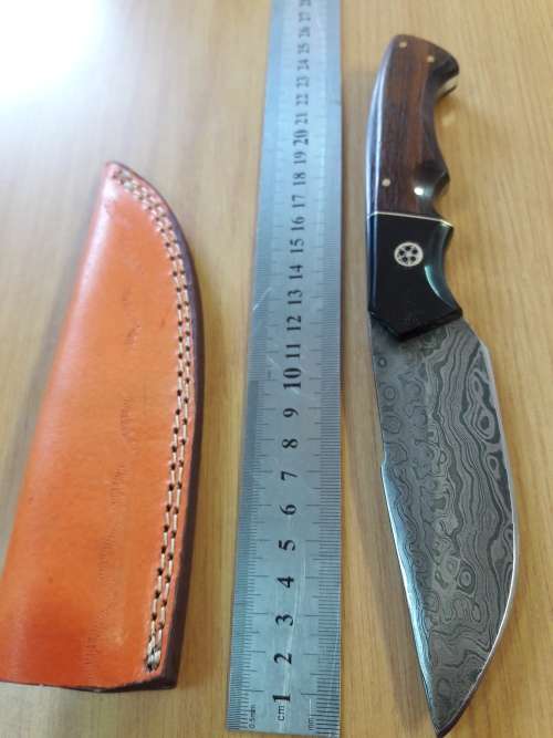 Handmade DAMASCUS Steel Knife, Bull Horn and Wooden handle. BRAND NEW DESIGN !