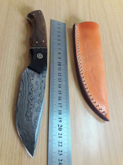 Handmade DAMASCUS Steel Knife, Bull Horn and Wooden handle. BRAND NEW DESIGN !