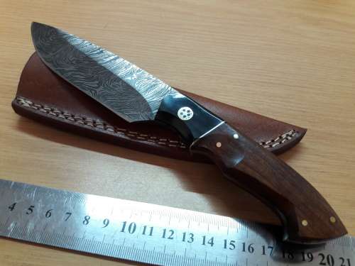 Handmade DAMASCUS Steel Knife, Bull Horn and Wooden handle. BRAND NEW DESIGN !