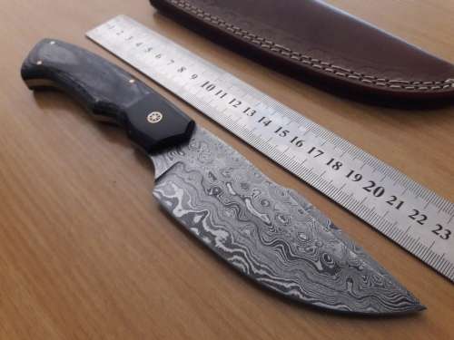 Handmade DAMASCUS Steel Knife, Bull horn and Wooden handle scales. NEW DESIGN !!!!!