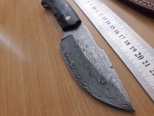 Handmade DAMASCUS Steel Knife, Bull horn and Wooden handle scales. NEW DESIGN !!!!!