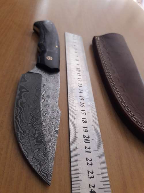 Handmade DAMASCUS Steel Knife, Bull horn and Wooden handle scales. NEW DESIGN !!!!!