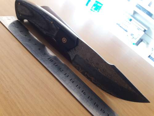 Handmade DAMASCUS Steel Knife, Bull horn and Wooden handle scales. NEW DESIGN !!!!!
